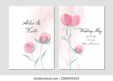 Vector wedding invitation template with pink peonies and watercolor background