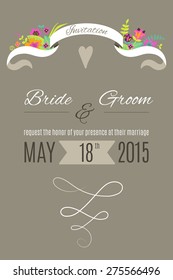 Vector wedding invitation template with ribbon, flowers, hearts. You can write your name and date