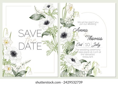 Plantilla de invitación de boda vectorial con flores de primavera. Anémona, gotas de nieve, lirios del valle, narcisos