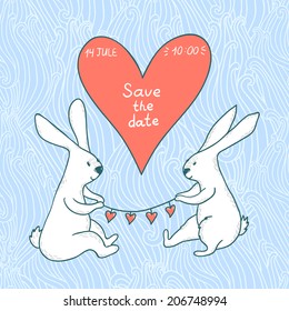 Vector wedding invitation template with two cute rabbits, garland from hearts and big red heart on the abstract blue background. 