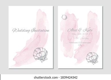 Vector wedding invitation template with watercolor background and ink wedding rings in a shell