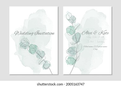 Plantilla de invitación a bodas de vectores con fondo de acuarela y ramas de eucalipto