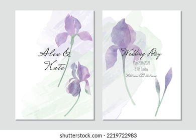 Vector wedding invitation template with watercolor irises