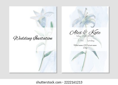 Vector wedding invitation template with watercolor lilies and golden design