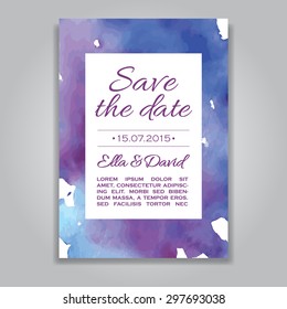 Vector wedding invitation Template with watercolor background.  Save the date card in blue and violet colors