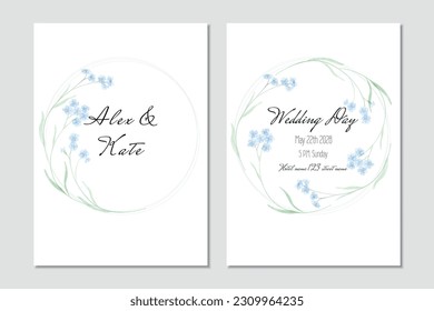 Vector wedding invitation template and wreath blue watercolor forget  me  nots