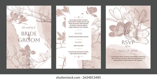 Vector wedding invitation templates. Elegant card design with hand drawn magnolia flower. Watercolor illustration for wedding, cover, wallpaper, banner.