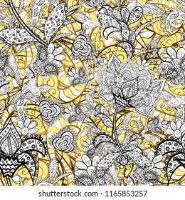 Vector wedding invitation, thank you card, save the date, baby shower cards on white, black and yellow colors. Baby shower, menu, flyer, banner template, mandala background, Indian design.