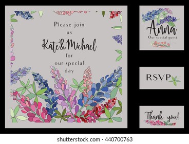 Vector wedding invitation and thank you cards with field lupine flowers
