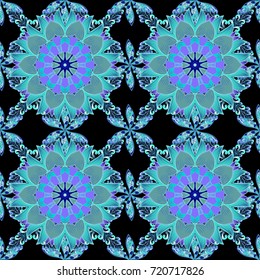 Vector wedding invitation, thank you card, save the date, baby shower cards on blue, black and violet colors. Baby shower, menu, flyer, banner template, mandala background, Indian design.