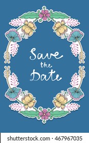 Vector wedding invitation with unusual strange exotic flowers, branches, leaves. Flourish frame with text Save The Date inside. Blue background
