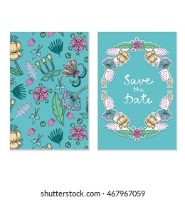 Vector wedding invitation with unusual strange exotic flowers, branches, leaves. Flourish frame with text Save The Date inside. Plant pattern. Blue torquise mint aquamarine background