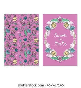 Vector wedding invitation with unusual strange exotic flowers, branches, leaves. Flourish frame with text Save The Date inside. Plant pattern. Pink background