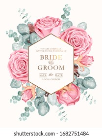 Vector wedding invitation with vintage pink roses