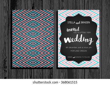 Vector wedding invitation with a zigzag colorful pattern. Calligraphy lettering, Wood texture background