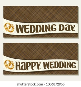 Vector Wedding invitations with copy space, templates invite cards with original handwritten brush font for greeting wishes happy wedding day and pair of golden engagement rings on abstract background