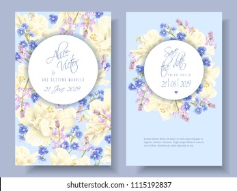 Vector wedding invitations with light yellow hibiscus and forget me not flowers on light blue. Can be used as floral design for cosmetics, spa, perfume, healthcare products, florist, summer background