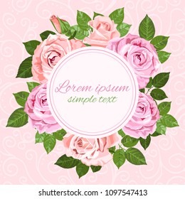 Vector wedding invitations with pink and beige roses wreath and round frame on the pink background, copy space. Floral design for greeting card