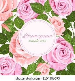Vector wedding invitations with pink and beige roses and place for text round frame. Floral design for greeting card