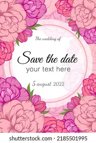 Invitaciones a bodas vectoriales con rosa de peonía rosada y flores de tulipán sobre fondo rosado. Romántico diseño floral de tiras para la invitación a la boda, ahorra la fecha y gracias tarjetas. Con lugar para el texto