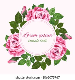 Vector wedding invitations with pink roses wreath and place for text on the white background. Floral design for greeting card