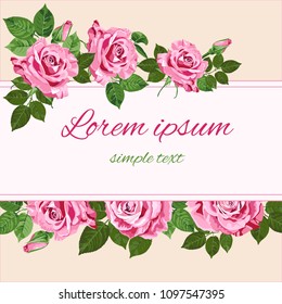Vector wedding invitations with pink roses on the beige background, copy space. Floral design for greeting card