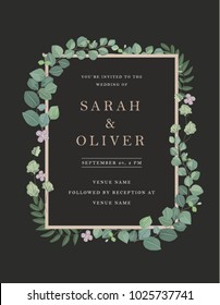 Vector wedding invitations set with floral decoration with eucalyptus on dark background. A modern design for invitations, save the date and thank you cards. With place for text