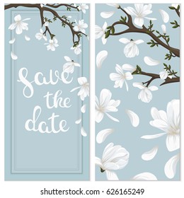 Vector wedding invitations set with the flowers of magnolia. Romantic tender floral design for wedding invitation