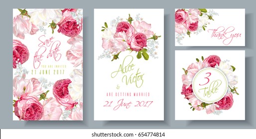 Vector wedding invitations set with garden roses and tulip flowers on white background. Can be used as floral design for natural cosmetics, perfume, health care products and greeting cards