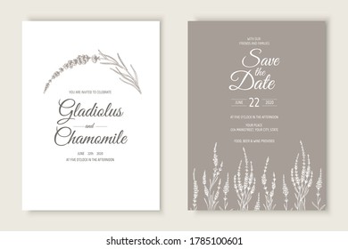 Vector wedding invitations set with lavender flowers. Romantic tender floral design for wedding invitation, save the date and thank you cards.