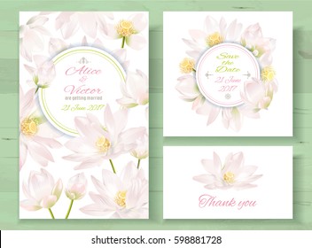 Vector wedding invitations set with light pink lotus flowers on white background. Romantic tender floral design for wedding invitation, save the date and thank you cards. With place for text