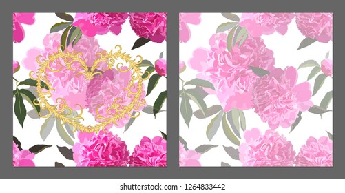 Vector wedding invitations set with pink peonies on white background. Romantic tender floral design for wedding invitation, save the date and thank you cards. With place for text