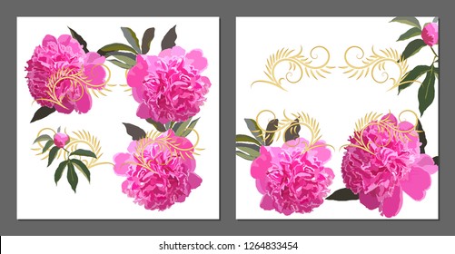 Vector wedding invitations set with pink peonies on white background. Romantic tender floral design for wedding invitation, save the date and thank you cards. With place for text