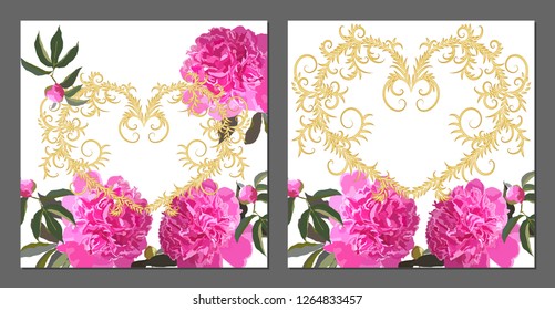 Vector wedding invitations set with pink peonies on white background. Romantic tender floral design for wedding invitation, save the date and thank you cards. With place for text