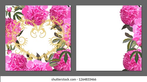 Vector wedding invitations set with pink peonies on white background. Romantic tender floral design for wedding invitation, save the date and thank you cards. With place for text