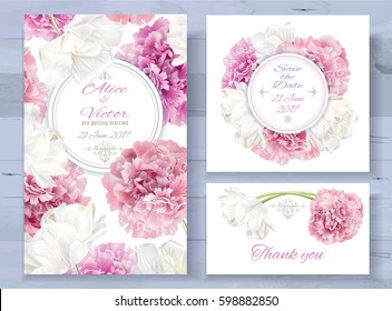 Vector wedding invitations set with pink peony and white tulip flowers on white background. Romantic tender floral design for wedding invitation, save the date and thank you cards. With place for text