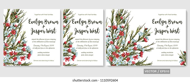 Vector wedding invitations set with red and blue wax flowers (chamaelaucium) on white background. Romantic tender floral design for wedding invitation, save the date and thank you cards. With place