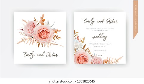 Vector wedding invite card, design. Blush peach flowers, ivory white Rose, autumn brown, beige, orange, sepia Eucalyptus branches, foliage, asparagus fern leaves decorative bouquet border template set