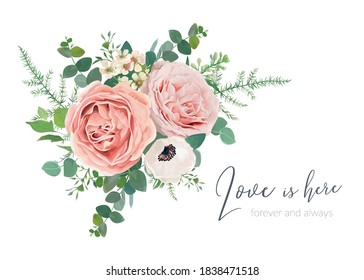 Vector wedding invite card, greeting, banner design. Blush peach, lavender rose, ivory anemone, wax flower, Eucalyptus greenery branches foliage and green fern leaves lovely watercolor bouquet element