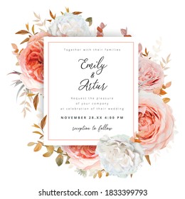 Vector wedding invite card, invitation design. Blush peach, ivory white Roses, pale coral flowers, autumn brown, beige, red, orange sepia Eucalyptus branches, foliage, leaves decorative frame template