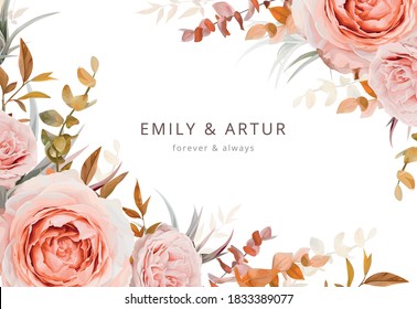 Vector wedding invite card, poster, banner design. Warm fall colors. Pink, blush peach Rose flowers, autumn brown beige, orange red sepia Eucalyptus branches, foliage, leaves decorative frame template