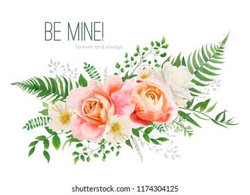 Vector wedding invite, greeting card design with floral watercolor bouquet. Garden pink peach, orange Rose, yellow white Magnolia flower, forest greenery fern leaves, herbs. Elegant desorative element