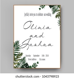 Vector wedding invite invitation save the date floral card design. Green fern, forest leaves herbs, greenery plant mix