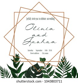 Vector wedding invite invitation save the date floral card design. Green fern, forest leaves herbs, greenery plant mix