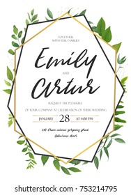 Vector Wedding Invite Invitation Save The Date Floral Card Design. Green Fern, Forest Leaves Herbs, Greenery Plant Mix. Natural Botanical Greeting  Editable Template. Geometrical Golden Frame, Border
