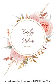 Vector wedding invite, save the date card design. Blush peach rose flowers, autumn brown beige, dusty orange Eucalyptus branches foliage, fern leaves bouquet & luxury golden round frame. Boho template