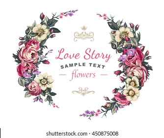 Vector wedding label with a frame composed of detailed flowers