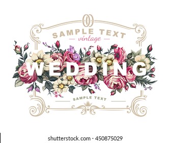 Vector wedding label with a frame composed of detailed flowers