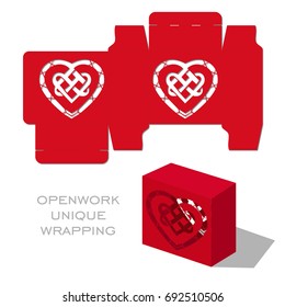 Vector wedding laser cut template box for invitation with decorative celtic heart elements