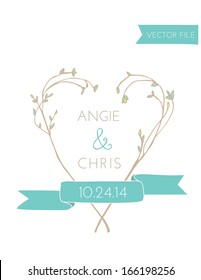 Vector Wedding Laurel With Teal Ribbon and Heart Made of Branches